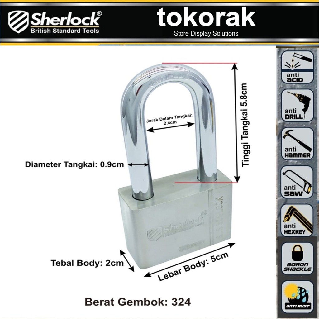 GEMBOK STAINLESS STEEL ANTI RUST 50MM PJG SHERLOCK - GEMBOK ANTI KARAT