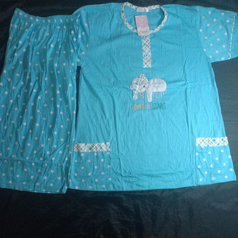 flo_style-baju tidur 3/4 jumbo kaos tebal lorita tinny by Sofie termurah/terlaris(Etalase2geser☝️-Biru 086