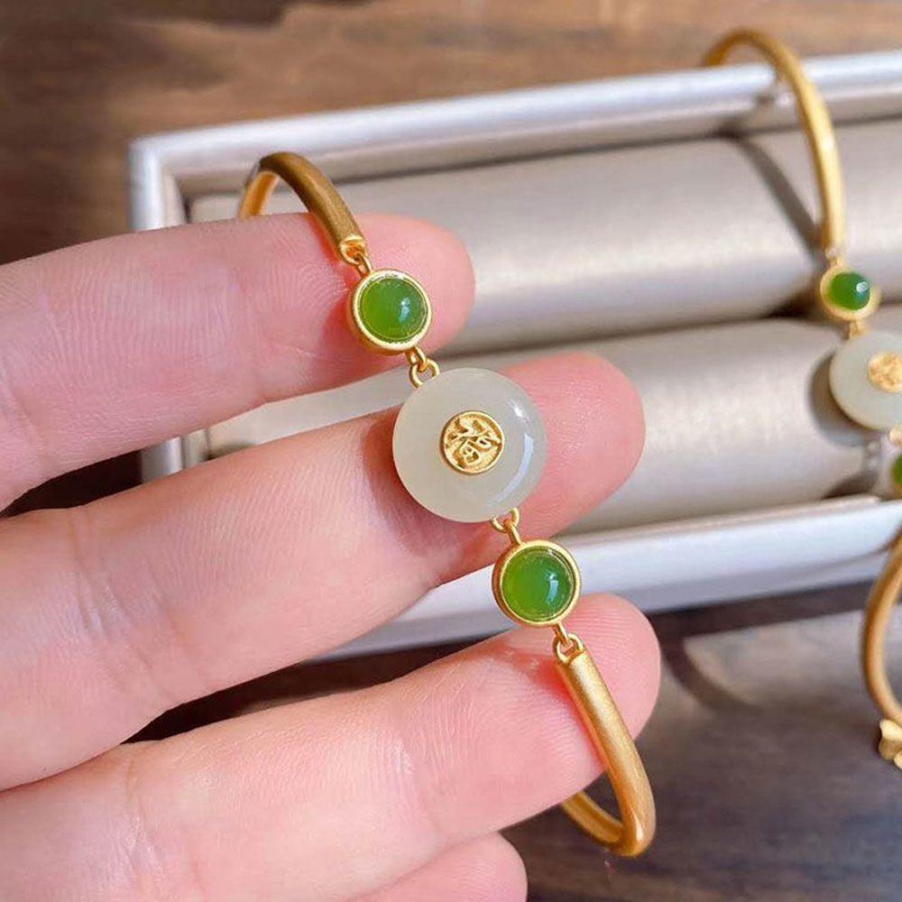 Needway Gelang Giok Imitasi Elegan Dapat Disesuaikan Hadiah Perhiasan Aksesoris Gadis Gaya Cina Wanita Bracelet