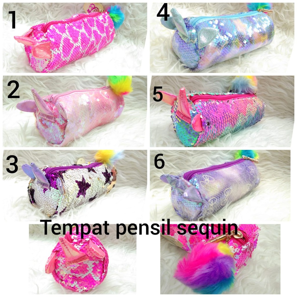 

Tempat Pensil Sequin Pom Pom unicorn bulu anak sekolah personalised pencil case sequin