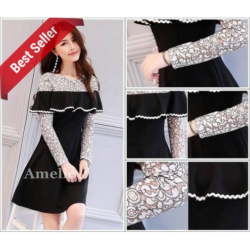 TERMURAH - Dress Import Sexy Party Mini Gaun Pesta Lengan Lace Brukat Korea Black Wanita Murah