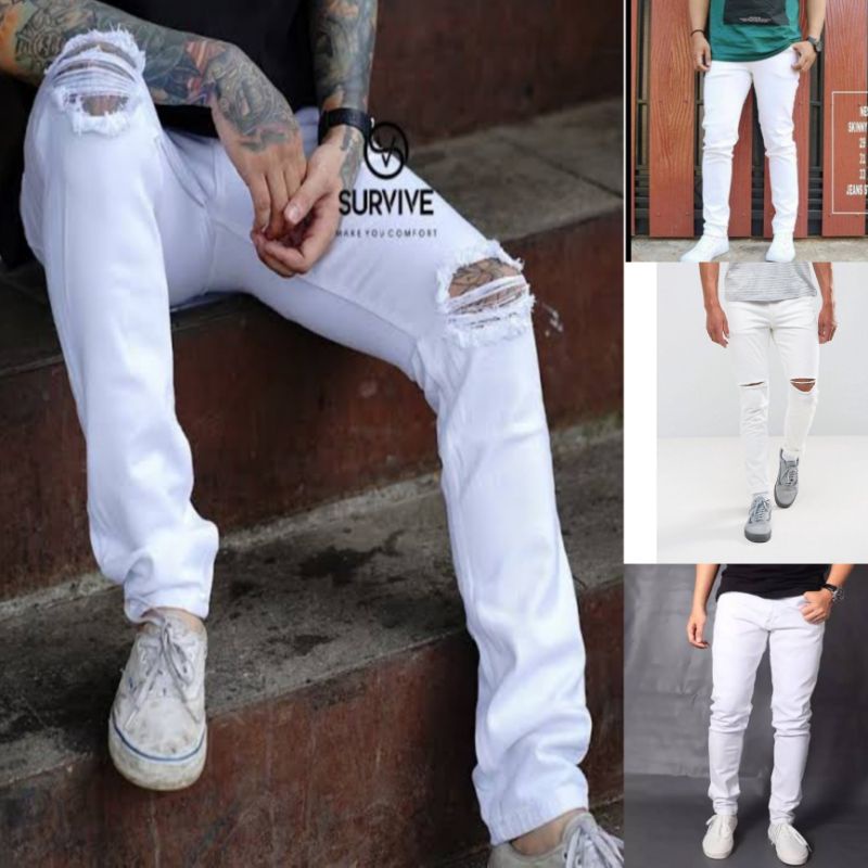 [COD] Celana Jeans Pria Sobek Lutut Ripped putih