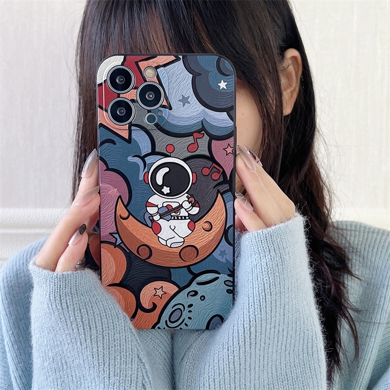 Soft case Dengan Tali Tangan Portabel Bentuk Kotak Desain Astronot Untuk iphone 11 12 13 pro max Xs max XR 7 8 plus se2020