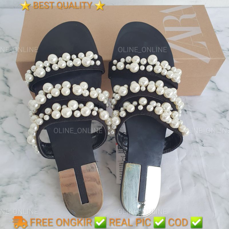 Sandal mutiara 3 tali shiny pearl flat shoes ujung bulat zr glamor kekinian