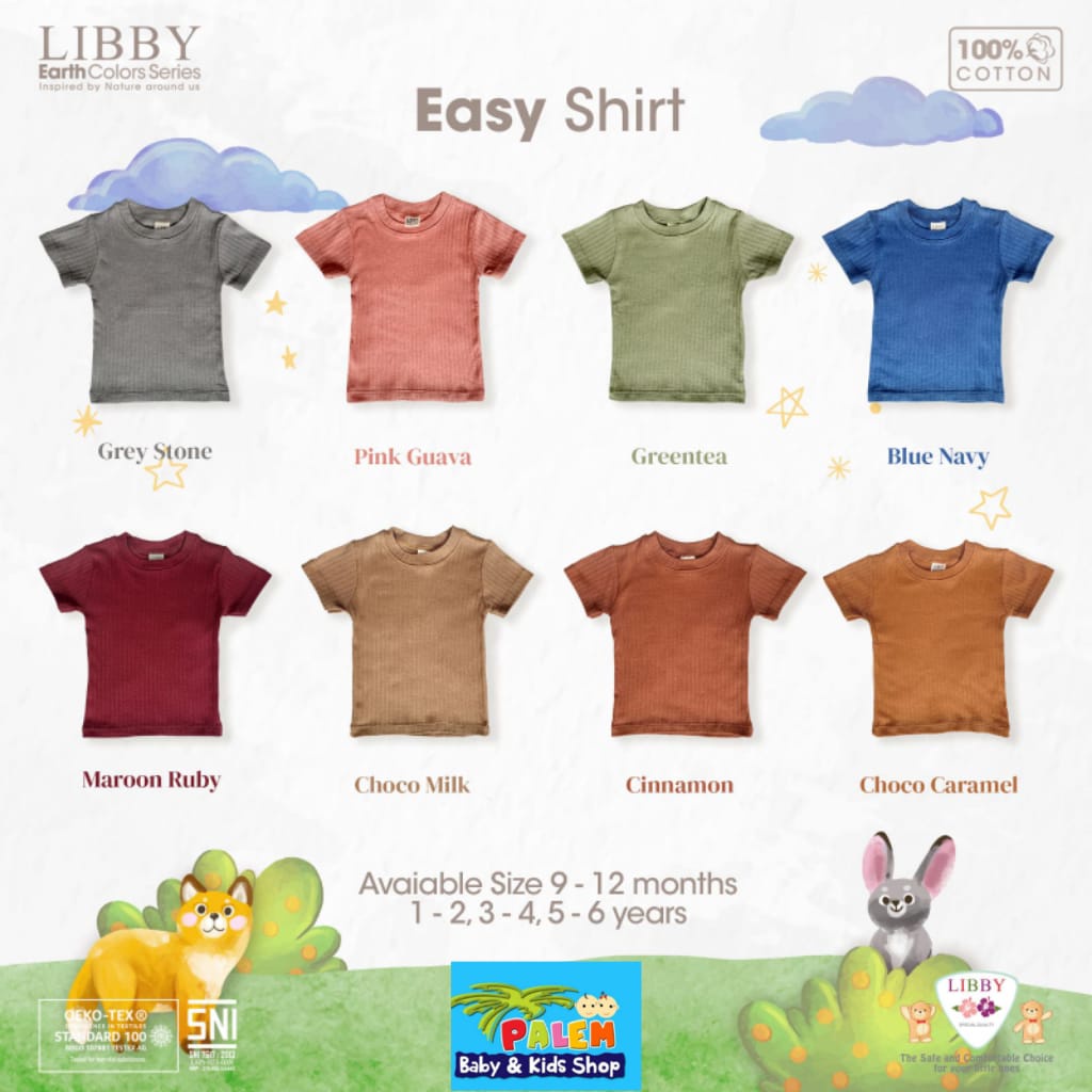 Libby 1 Pcs Easy Shirt Earth Color / Baju Bayi Anak 100% Cotton 9-12 Bulan 1-2,3-4,5-6 Tahun (1Pack)