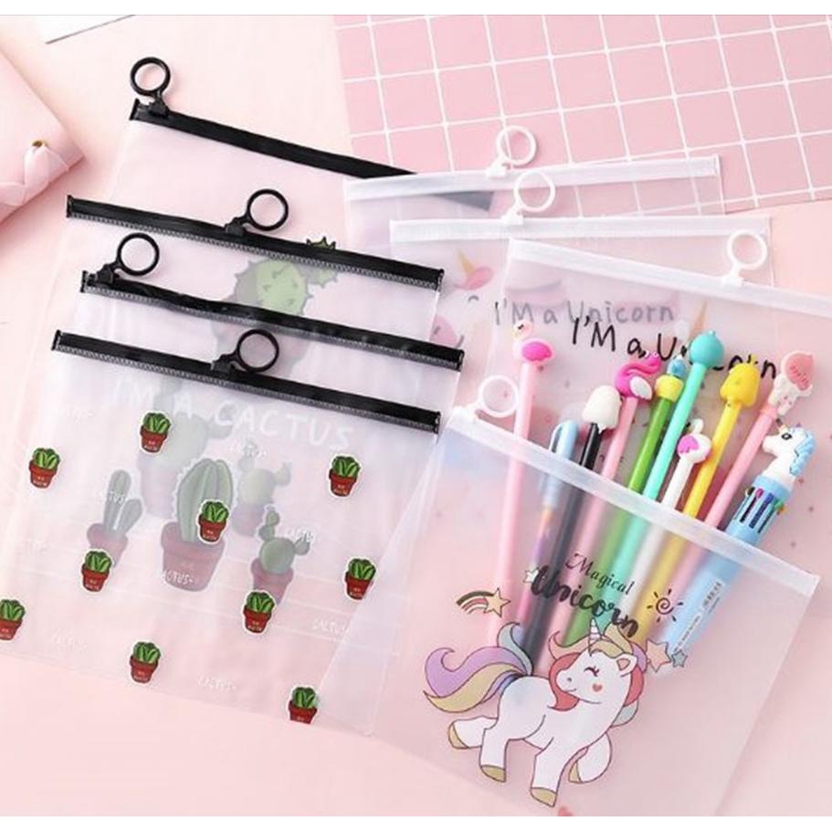 BA Pouch Kosmetik Transparan Motif Kaktus Tas Karakter Unicorn ZipLock Plastik Organizer Serbaguna / TA010