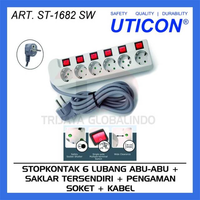 STOP KONTAK 6 LUBANG + SAKLAR + KABEL UTICON ST-1682 SW