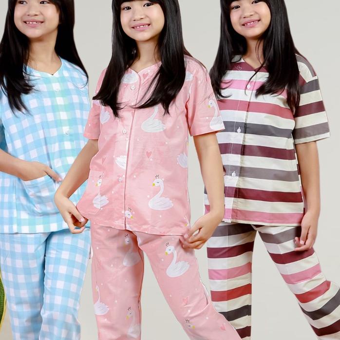 ☻ Set Baju Tidur/Piyama Anak Perempuan Laki Laki Katun Kerah Y Motif Garis Kotak Usia 1-15 Tahun mur