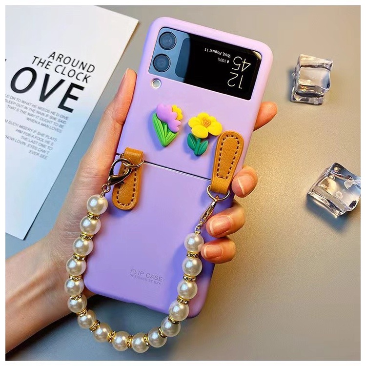 Case Samsung Galaxy Z Flip 3 5G Cute Case With Chain Pearl Matte Premium