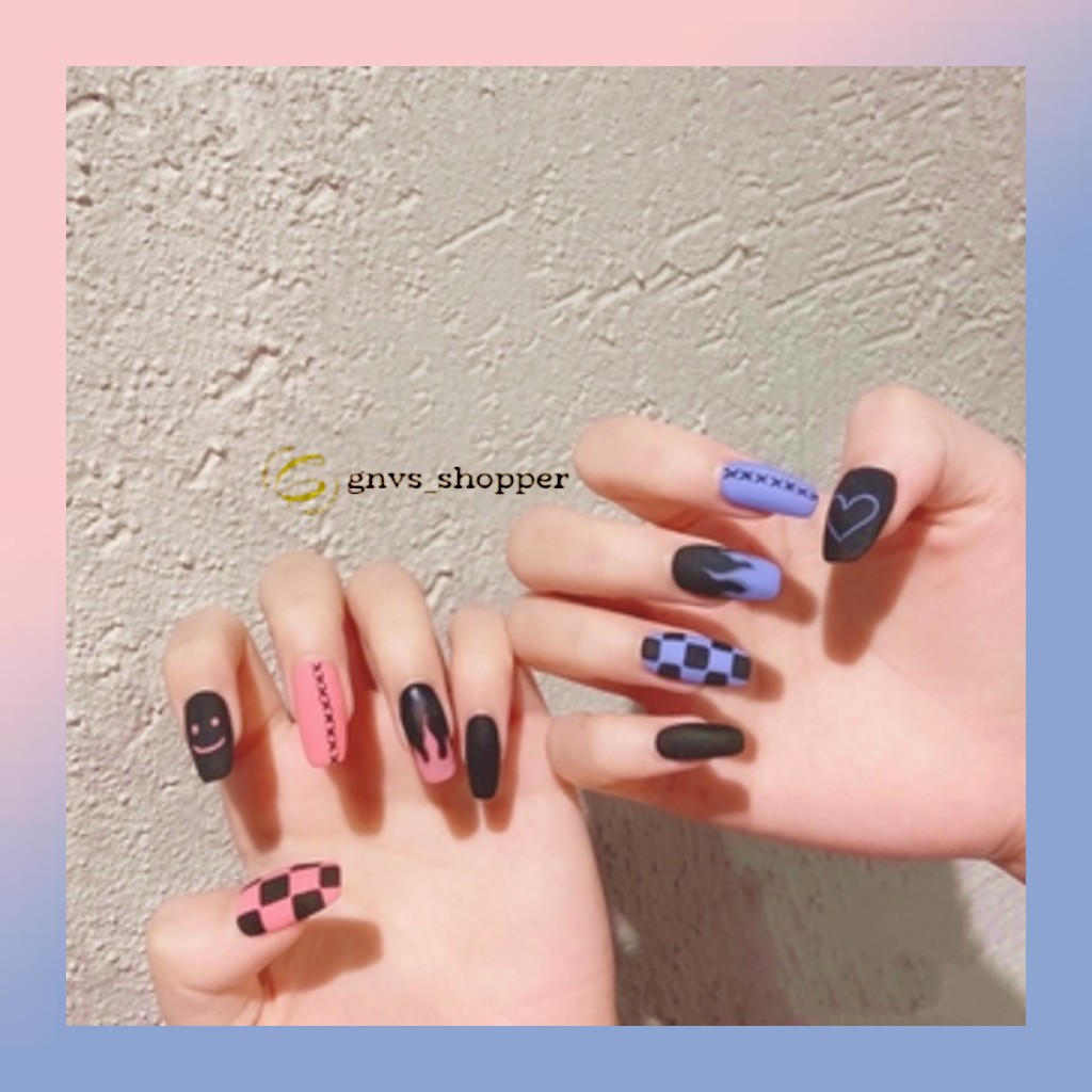 Kuku Palsu + Lem - Fake Nails - Kuku Palsu Nail Art WARNA MERAH / UNGU MOTIF HATI / API