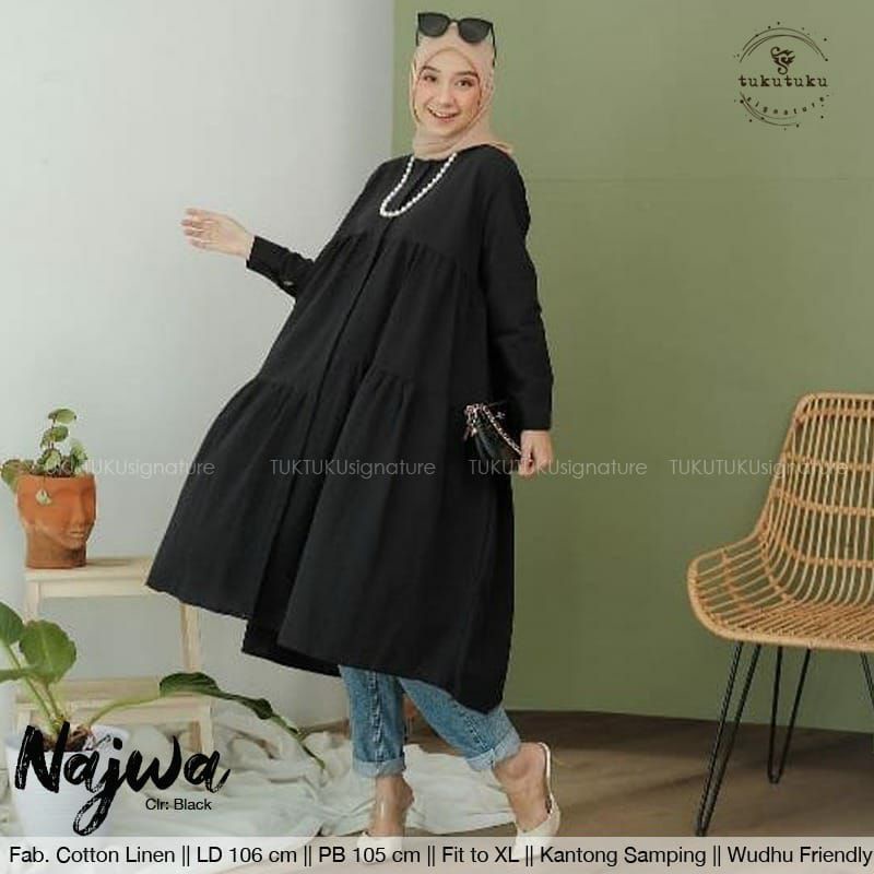 (COD) Najwa Midi Tunik Hitam Putih Polos Long Tunic Jumbo Ld 106 M-XXL Sage green broken white black