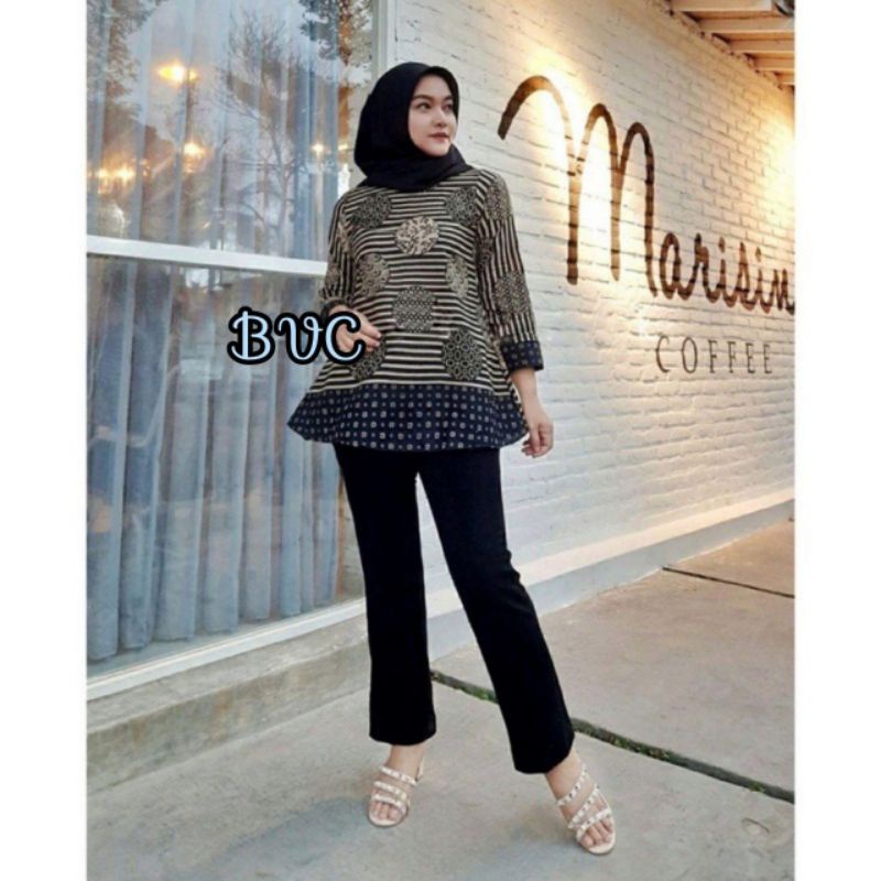 tey-17 Batik Wanita ASJ SA HRB026 Kenogo Kemeja Tosca Pendek-B koin garis