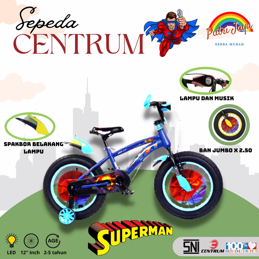 Sepeda Anak Laki-laki BMX Centrum Superman ukuran 12 inch usia 2-5 tahun