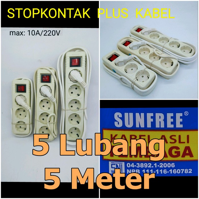 Stop Kontak Saklar Sunfree 5 Lubang Panjang Kabel 5 Meter 5M 5Lubang