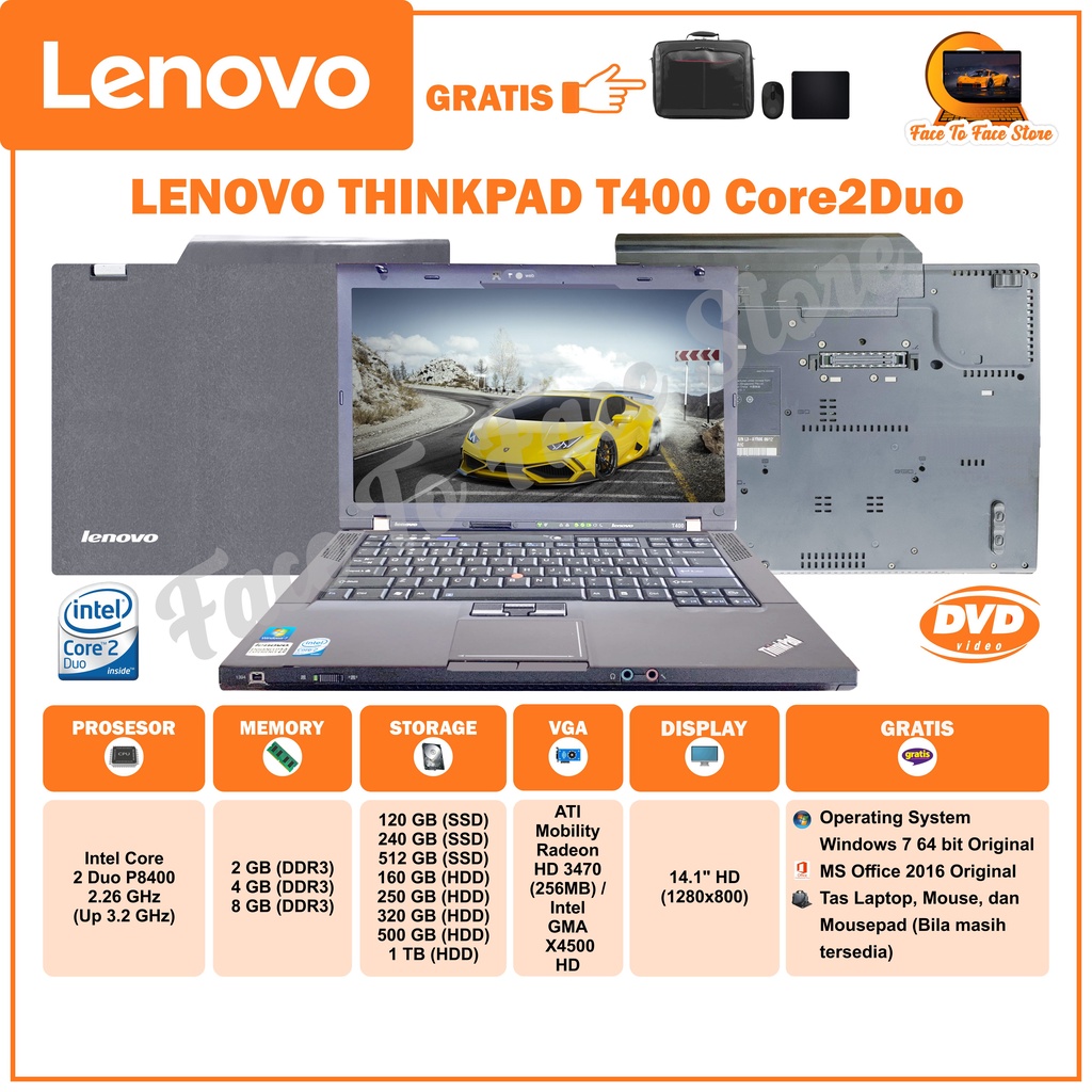 Laptop Terlaris.Lenovo Thinkpad T400.Intel Core2Duo.Ram 2GB/4GB/8GB.HDD 160GB/250GB/320GB/500GB/1TB 