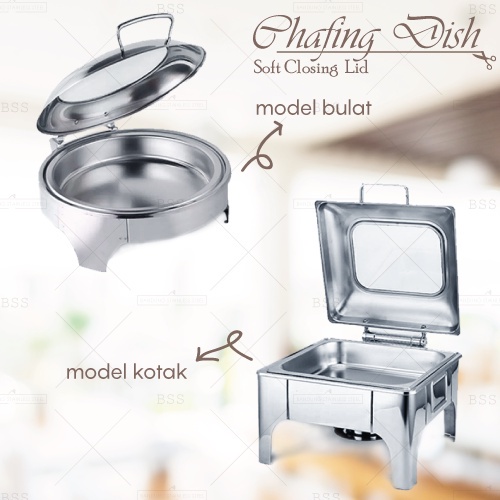 Chafing Dish HIDROLIK Tempat Wadah Makanan Saji Prasmanan Stainless Kotak Bulat Kombinasi Kaca Hydraulic System Soft Closing