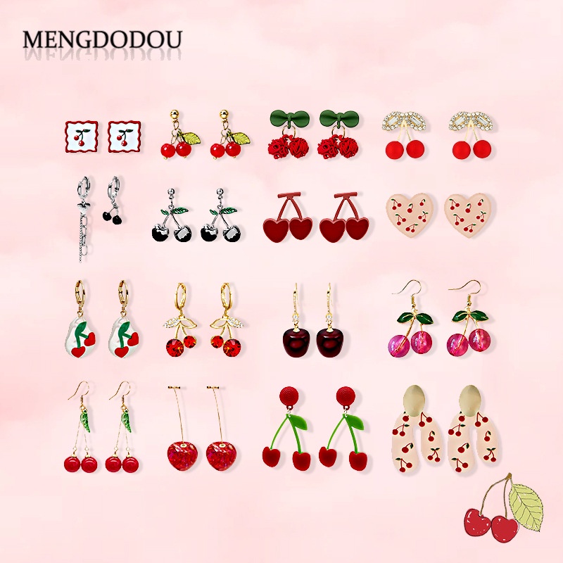 Anting Desain Kartun Cherry Bahan Akrilik Aksen Berlian Gaya Retro