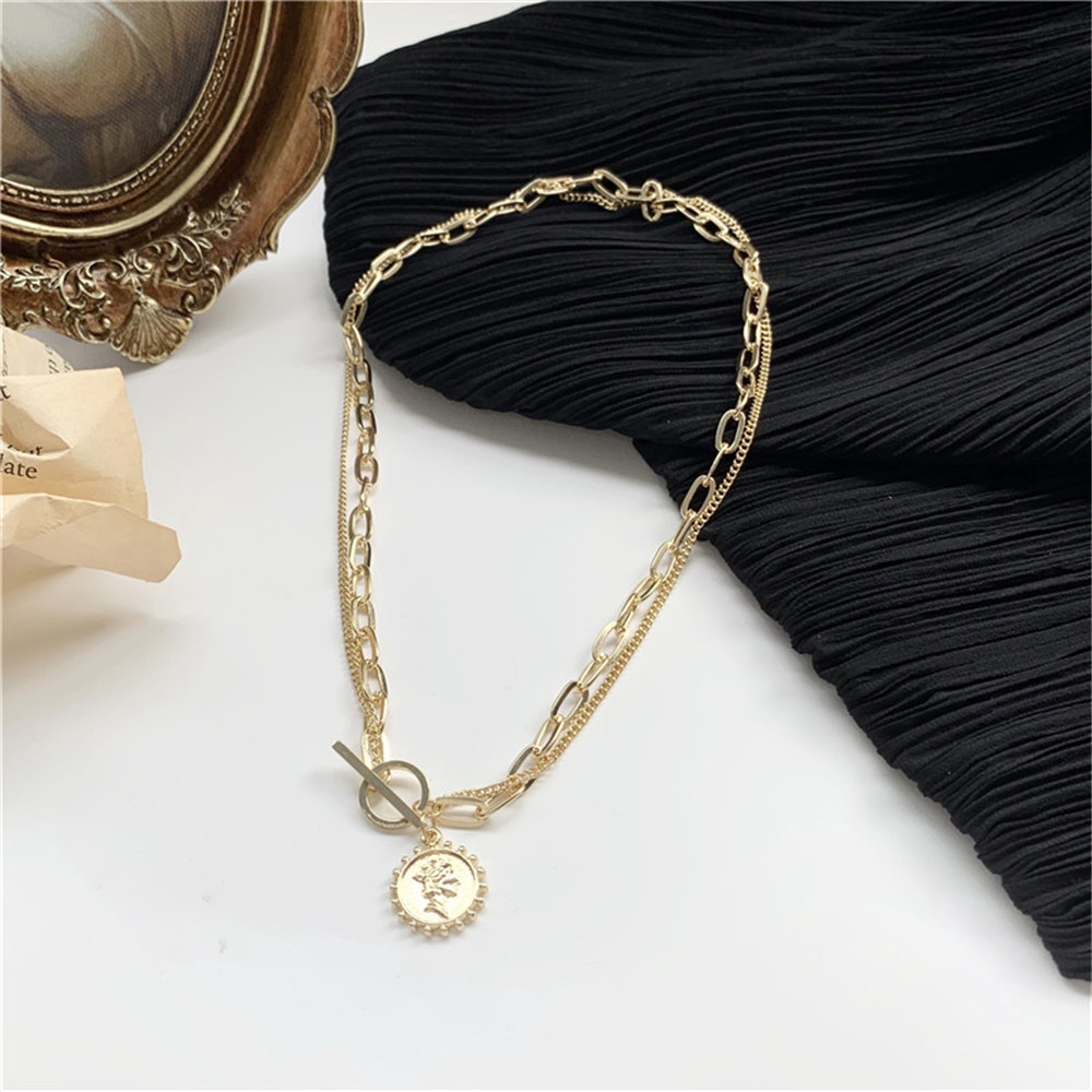 Kalung Choker Wanita Logam Ganda Liontin Koin Ratu Cantik Aksesoris Fashion Korea Dalika