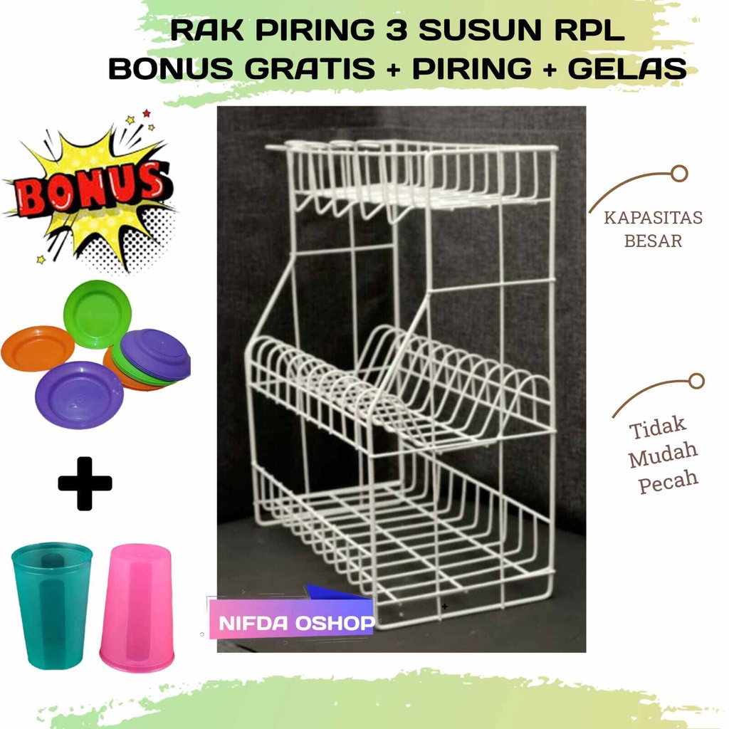 Rak Piring Besi Wastafel Cuci Piring (Gratis Piring &amp; Gelas ) Rak Piring Gantung/ Rak Kawat Putih Susun 3