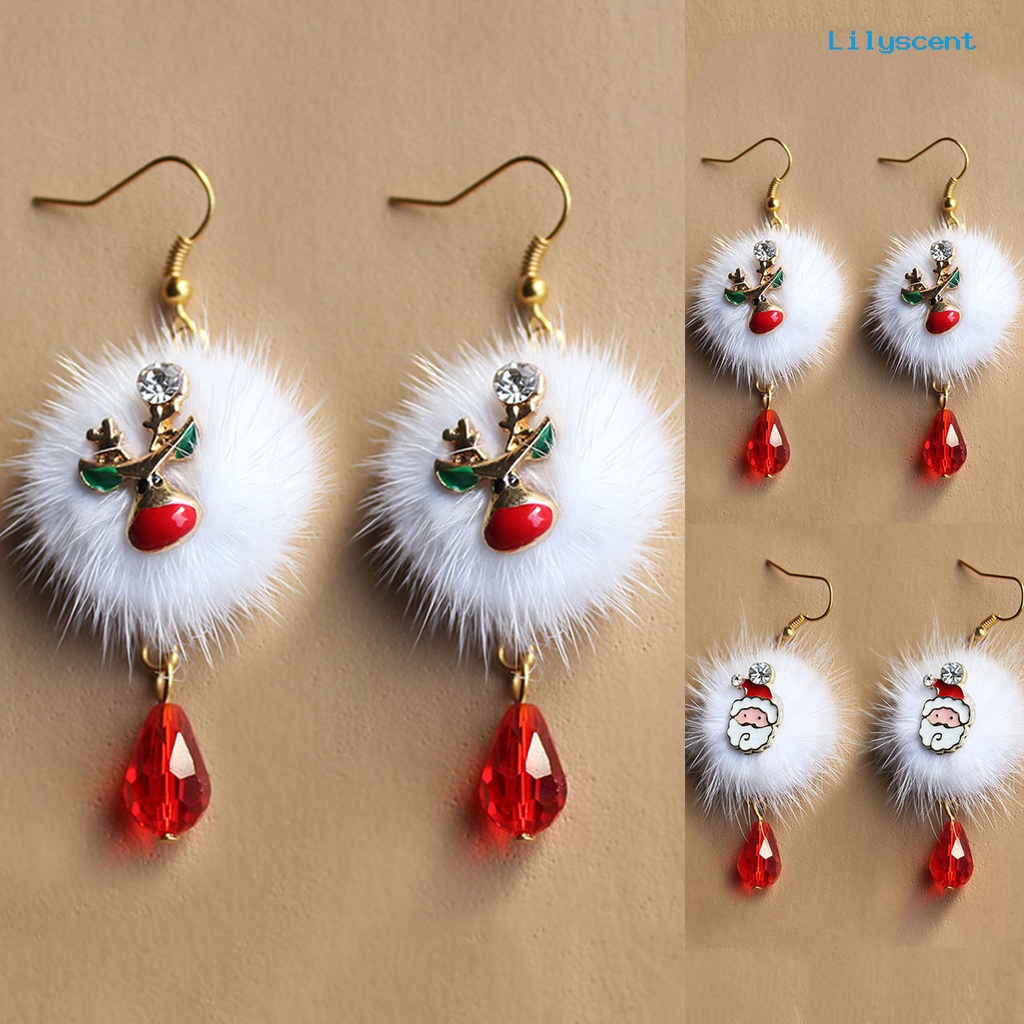 Lilyscent 1 Pair White Plush Ball Red Rhinestone Xmas Earrings Alloy Santa Claus Elk Pendant Hook Earrings Fashion Jewelry