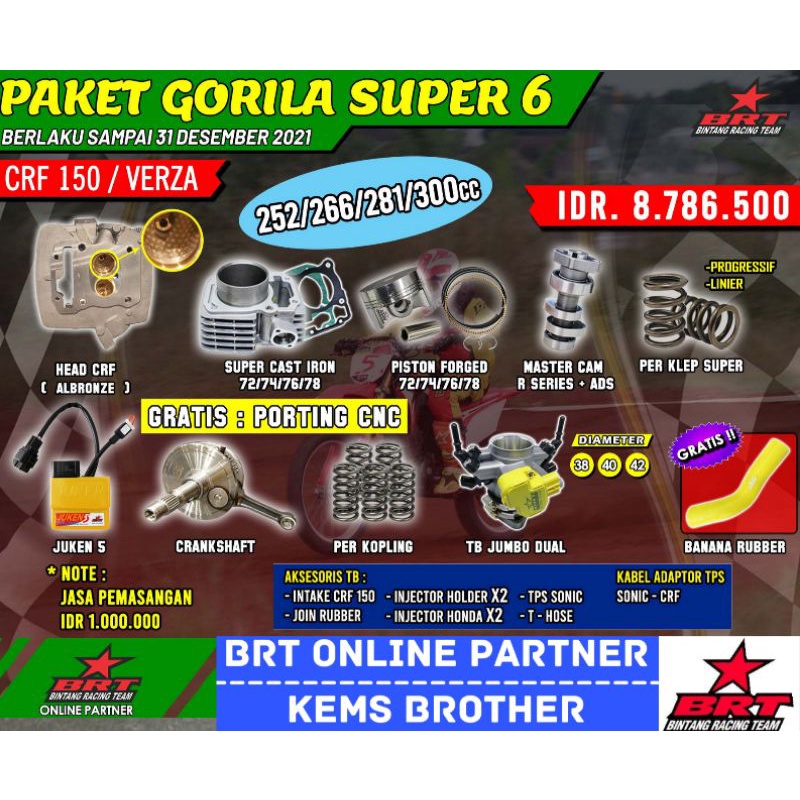 PISTON BRT CRF PAKET CRF BRT GORILA SUPER 6 KOMPLIT