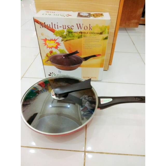 Panci Penggorengan Teflon OMICKO 30cm / Multi Use Wok Ceramic Marble Stir Fry + Tutup Kaca 30cm