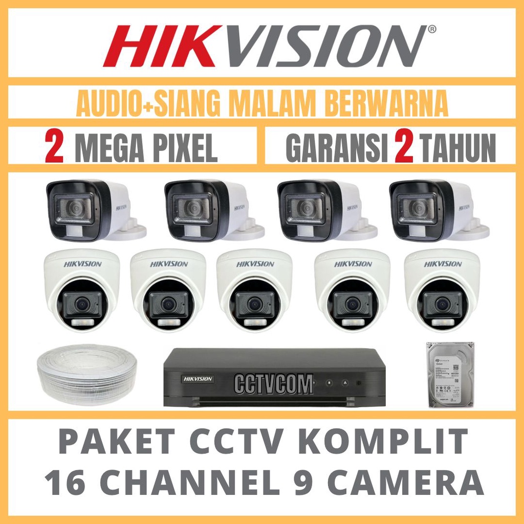 PAKET CCTV HIKVISION COLORVU 2MP 16 CHANNEL 9 CAMERA COLORFULL