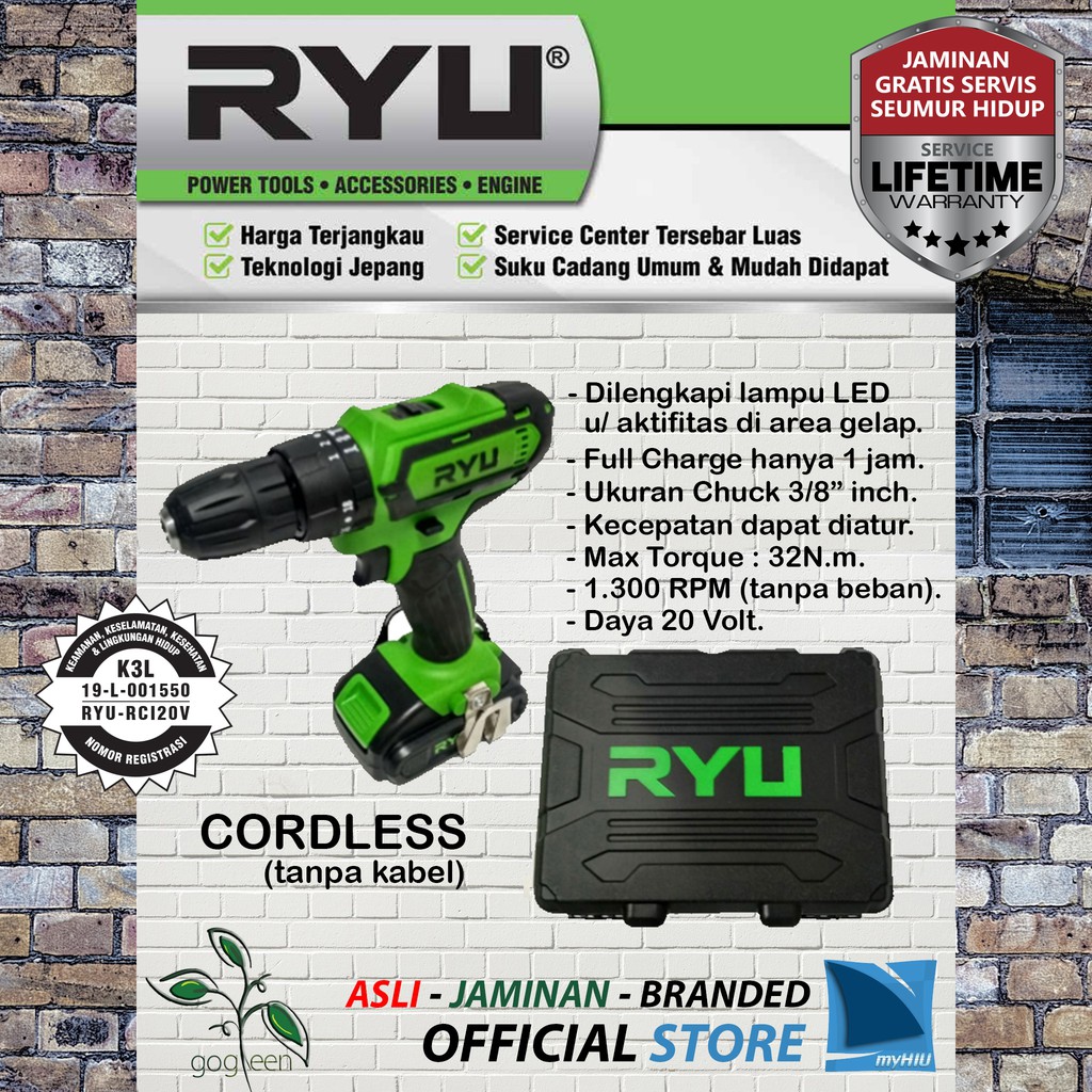 Mesin Bor Tanpa Kabel 20 Volt 3/8&quot; Inch PUKUL + LED + Koper + Mata Bor - Impact Cordless Drill RYU