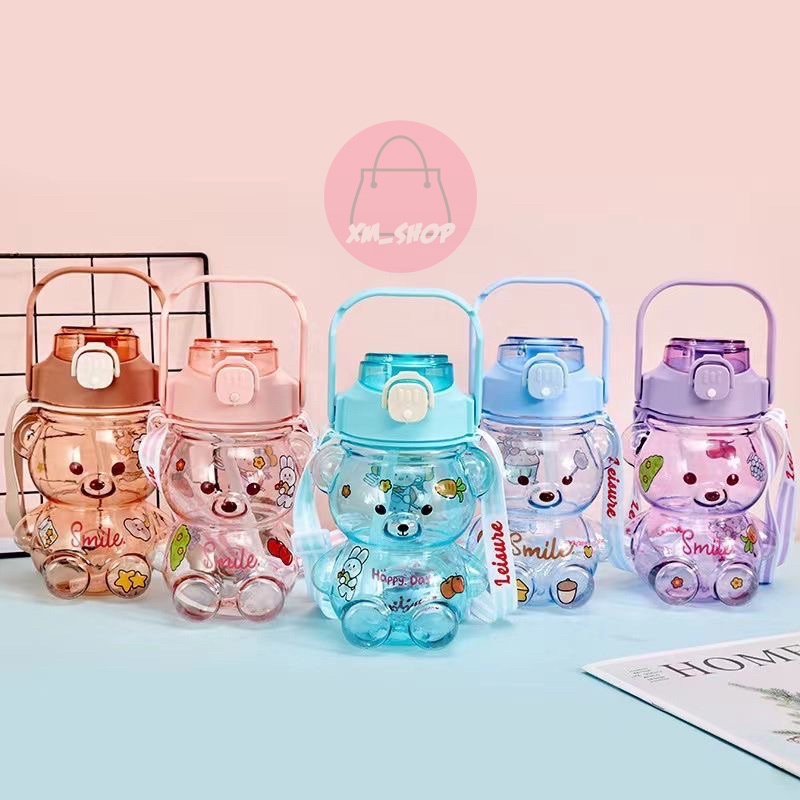 BOTOL MINUM BERUANG BENING 1000 ML BEAR SMILE LUCU FREE STIKER 2D&amp;3D