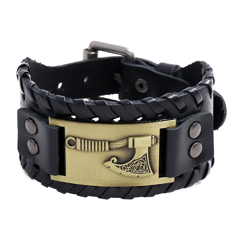 [Z H Perhiasan] Hip Hop Rock Retro Pria Fashion Stainless Steel Viking Rune Gelang Kulit Pesta Perhiasan Aksesoris