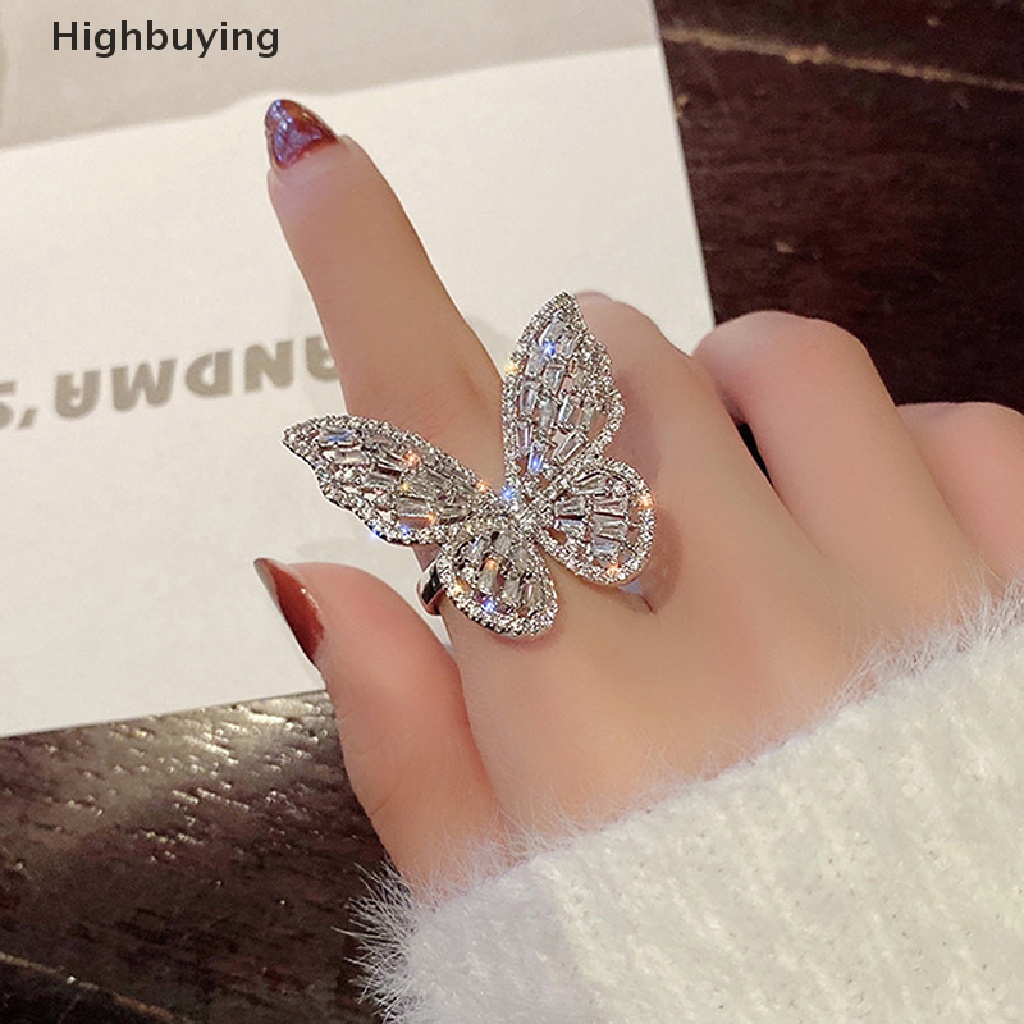 Hbid Cincin Model Terbuka Desain Kupu-Kupu Besar Bahan Zircon + Batu Permata Untuk Wanita