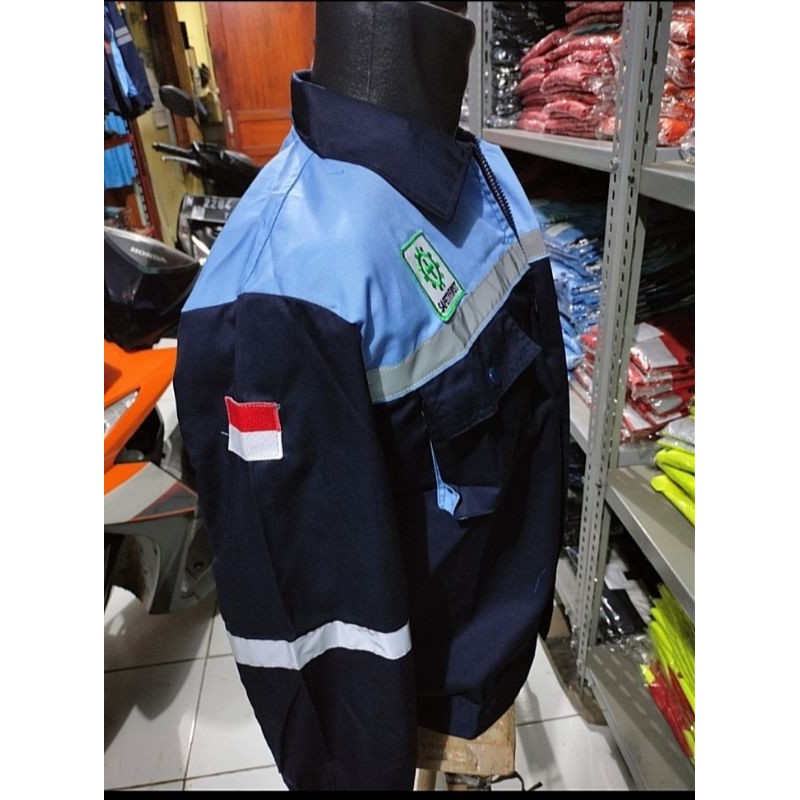 RESLETING BAJU SERAGAM SAFETY NAVY DONGKER KOMBINASI BIRU MUDA BERLOGO K3 BENDERA