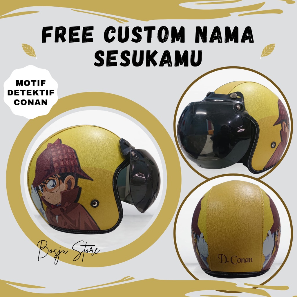 Helm Bogo Motif Detektif Conan Anime Kuning | Custom Warna Nama | Hlem Retro Klasik Anak Cewek Wanit