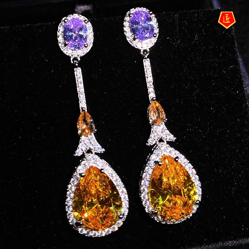 [Ready Stock]Fashion Colored Gems Champagne Diamond Morganite Earrings