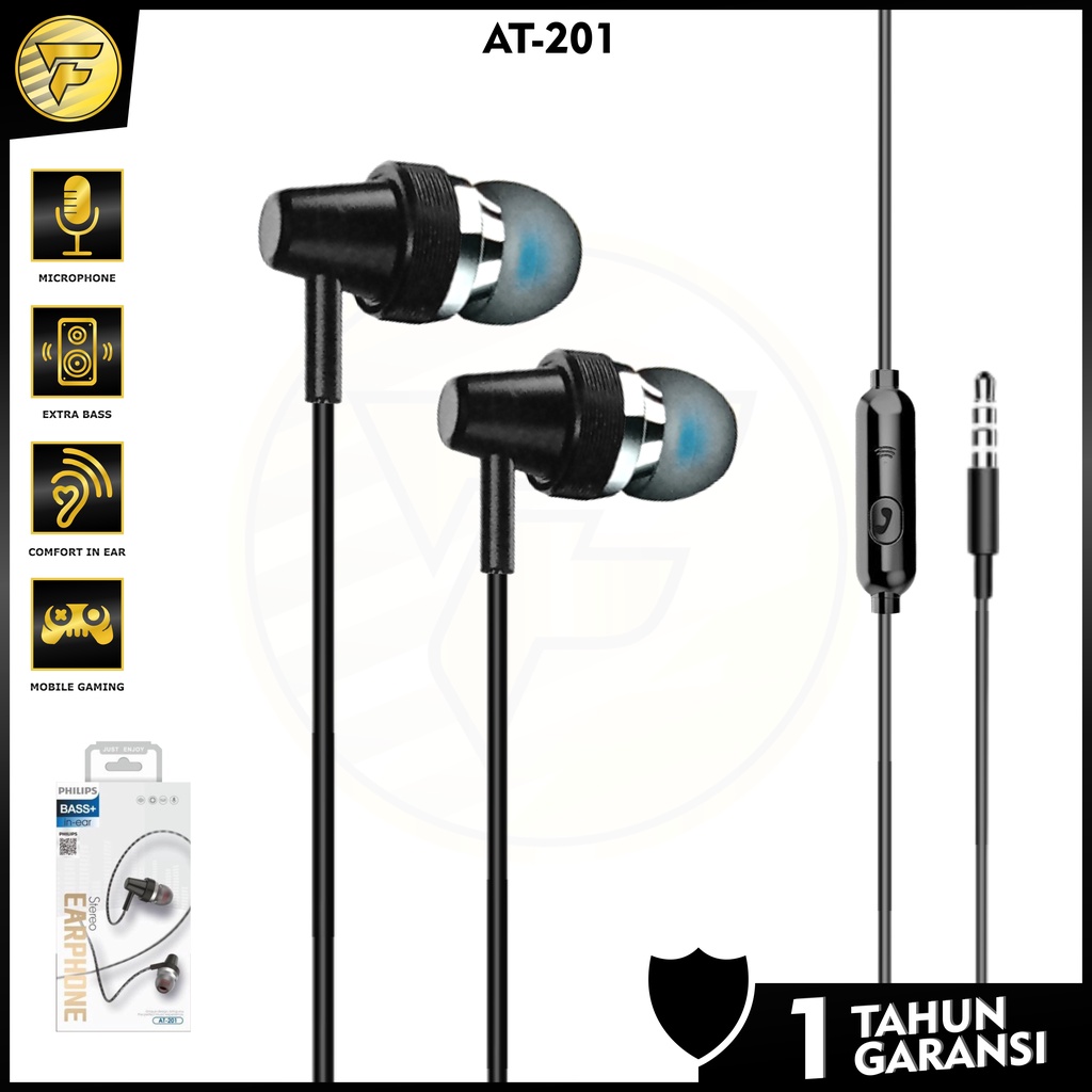 Earphone PHILIPS T201 Metal Body stereo bass music telfon headset mic