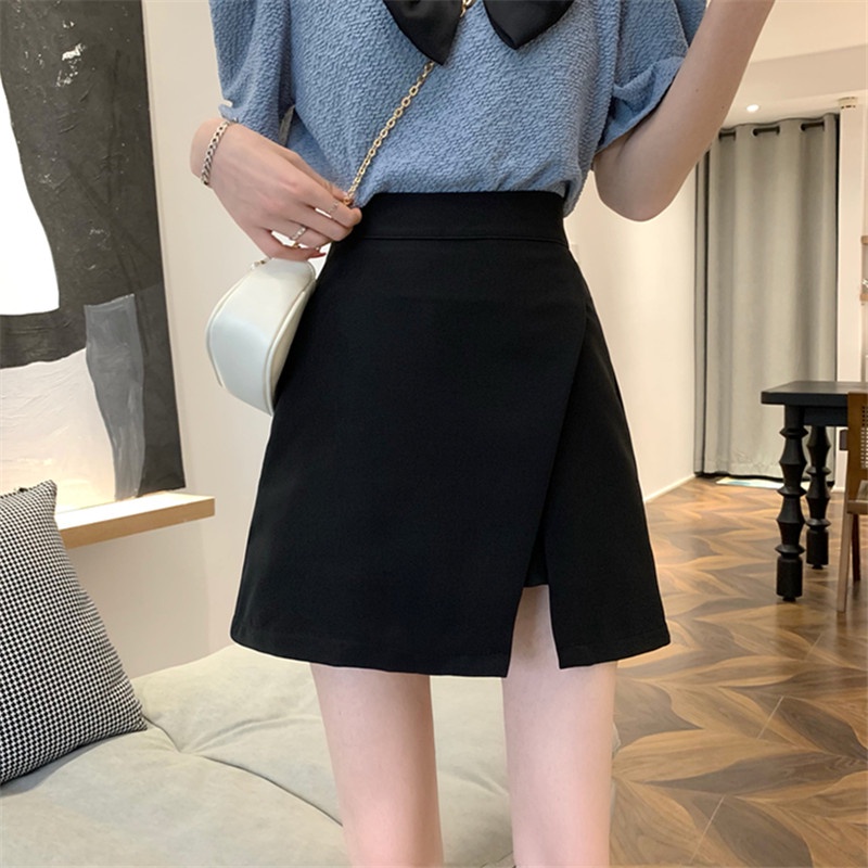 Hitam split suit rok wanita musim panas tas pinggang tinggi pinggul A-line rok pendek rok ramping ro