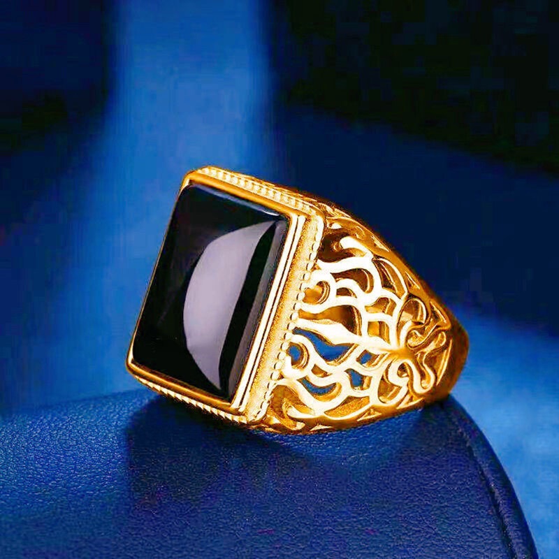 2022 Cincin Metal Pria Hias Batu Hitam Model Hollow Untuk Pesta Anniversary