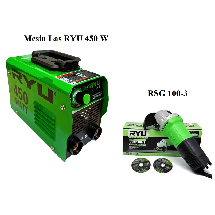 PAKET Hemat 3 ITEM Mesin Travo Las Listrik RII 120-2 450 watt Mesin Las 450 Watt RYU 120a Trafo Travo Las + Mesin Gerinda 4 inch RSG 100-3 + Bor Ryu 10 mm RDR 10-3 RE MURAH ORIGINAL BERGARANSI