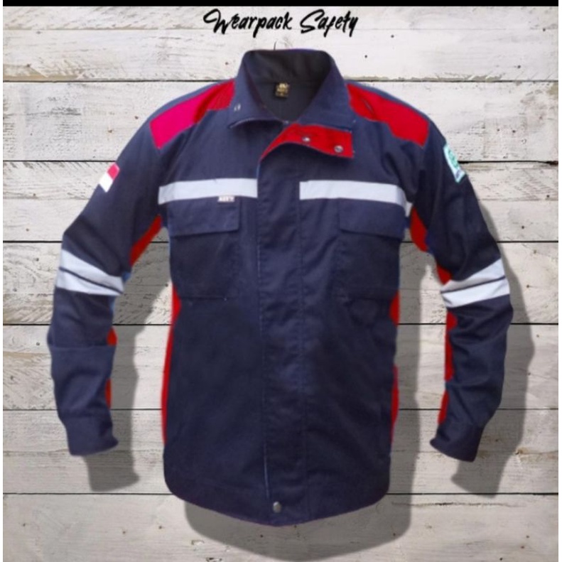 SERAGAM WEARPACK SEMI JAKET ATASAN MERAH DONGKER BAHAN DRILL BERLOGO K3 BENDERA