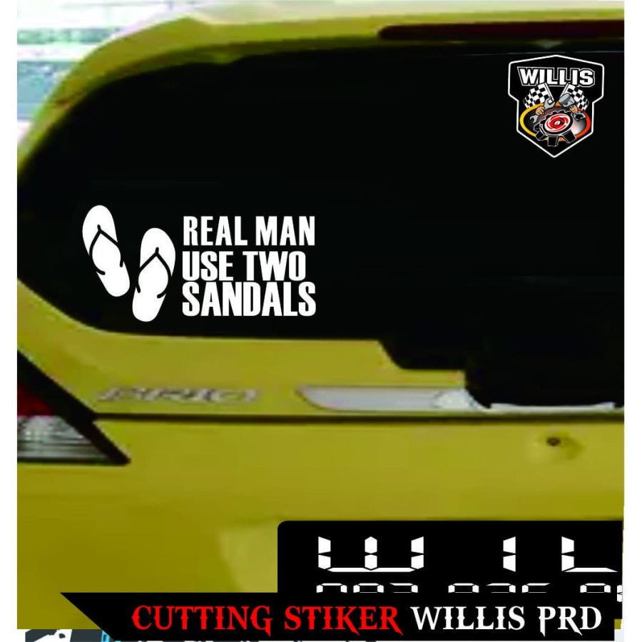 Sticker Cutting Kaca Mobil REAL MAN USE TWO PEDAL 2 (Sandal) LUCU By ADN