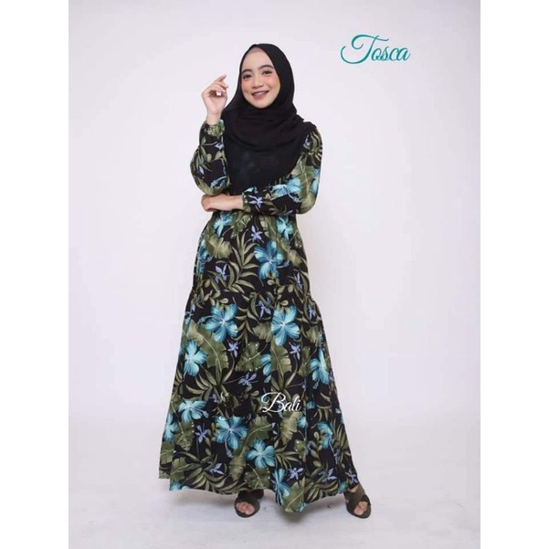 gamis kerut motif bunga rayon bali
