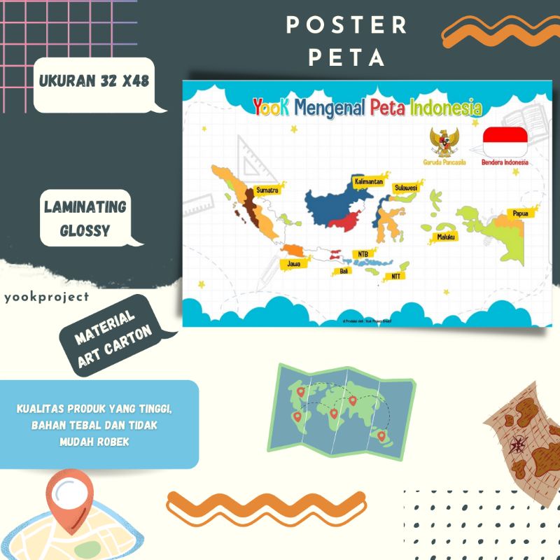 YOOK Poster Peta Indonesia, Poster Anak Ukuran A3 , Poster Peta Indonesia High Quality