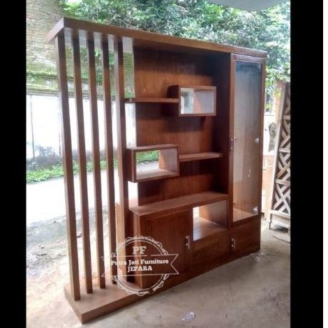 Lemari partisi hias pajangan kayu jati 2 muka ukuran besar murah