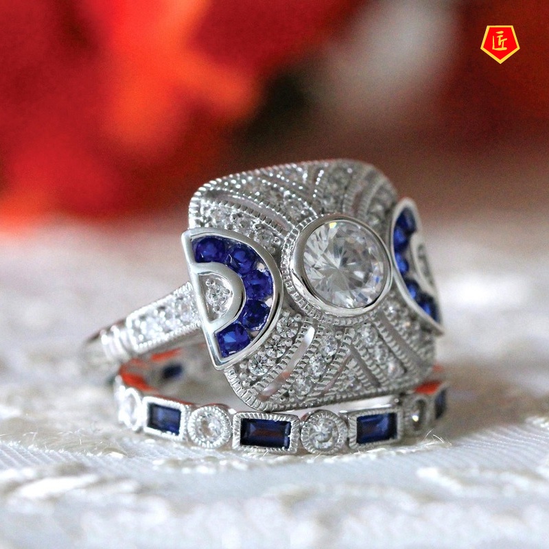 [Ready Stock]Elegant Luxury Blue Topaz Ring Set