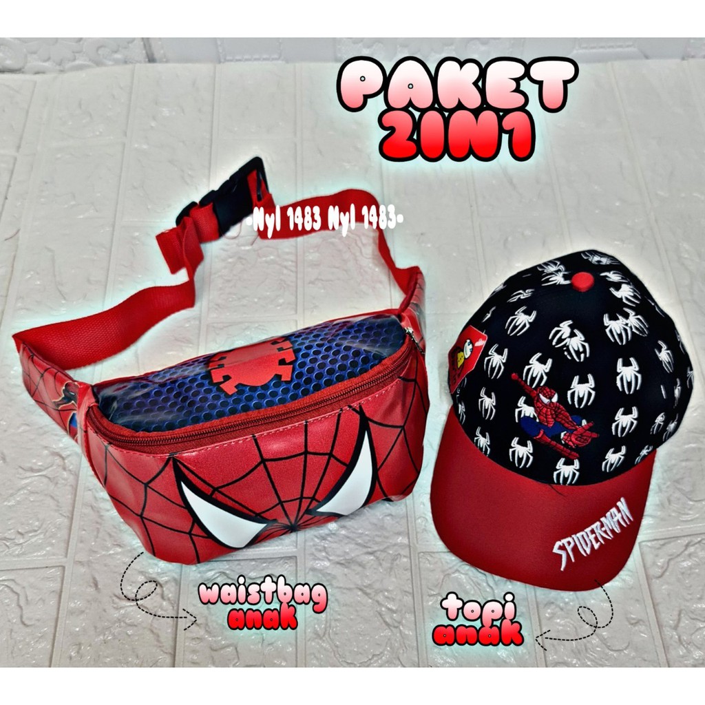 WAISTBAG ANAK LAKI LAKI, PEKET 2 IN 1 WESTBAG ANAK + TOPI ANAK LAKI LAKI SUPERHERO KARAKTER KARTUN