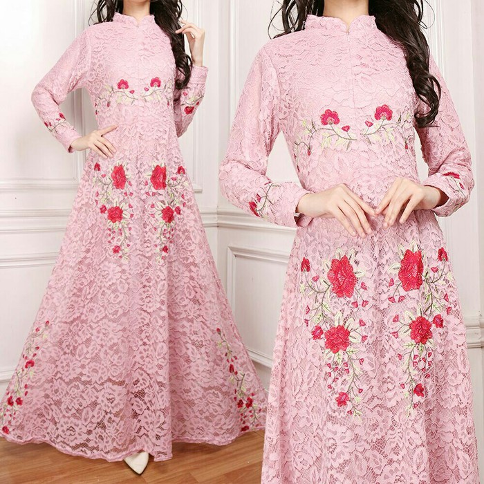 SALE    Baju Muslim / Gamis Brukat / Dress Muslim Motif Bunga Naomi Pink   New Produks