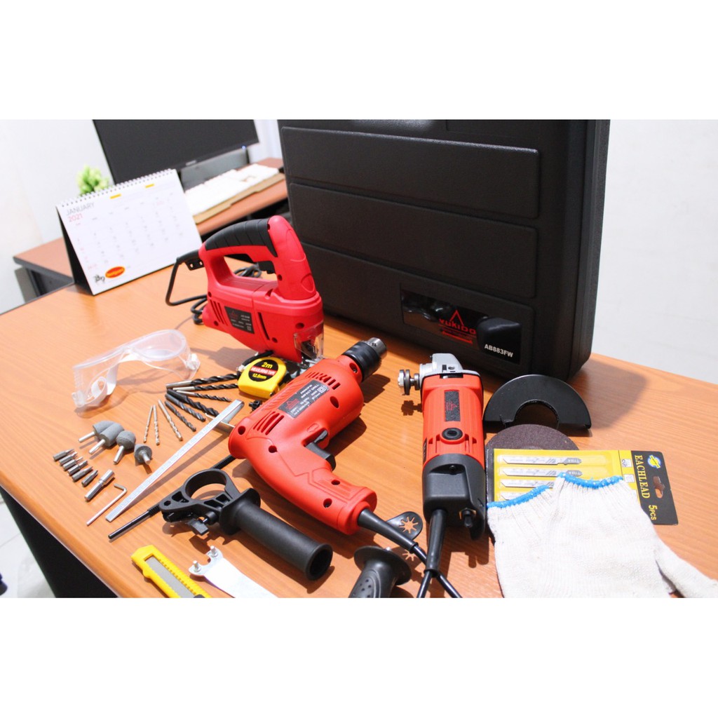 NEW  YUKIDO/PORTMAN 1 SET KOPER BOR LISTRIK/ IMPACT DRILL, MESIN GERENDA TANGAN DAN JIGSAW BY JLD