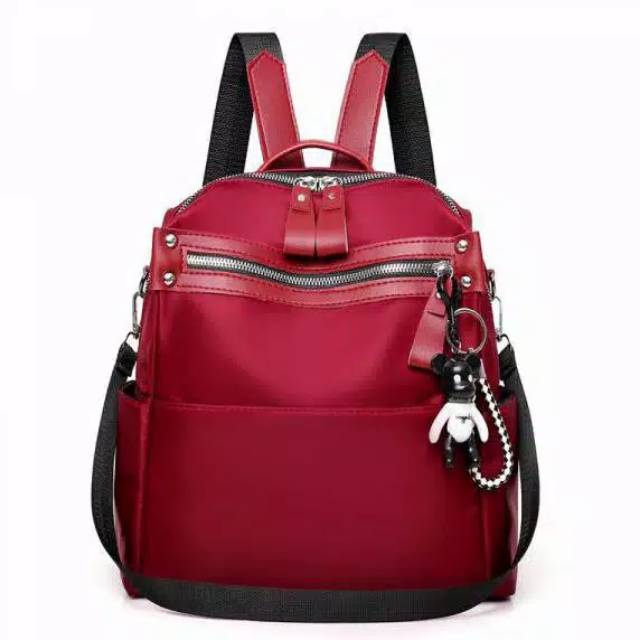 Tas Ransel Wanita Free Gantungan Bahan Nilon Glossy Warna khaki Marun Dan Hitam