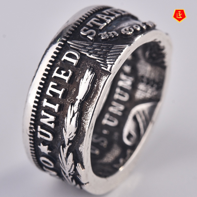 [Ready Stock]S925 Silver Retro Personality Motto Coin Ring