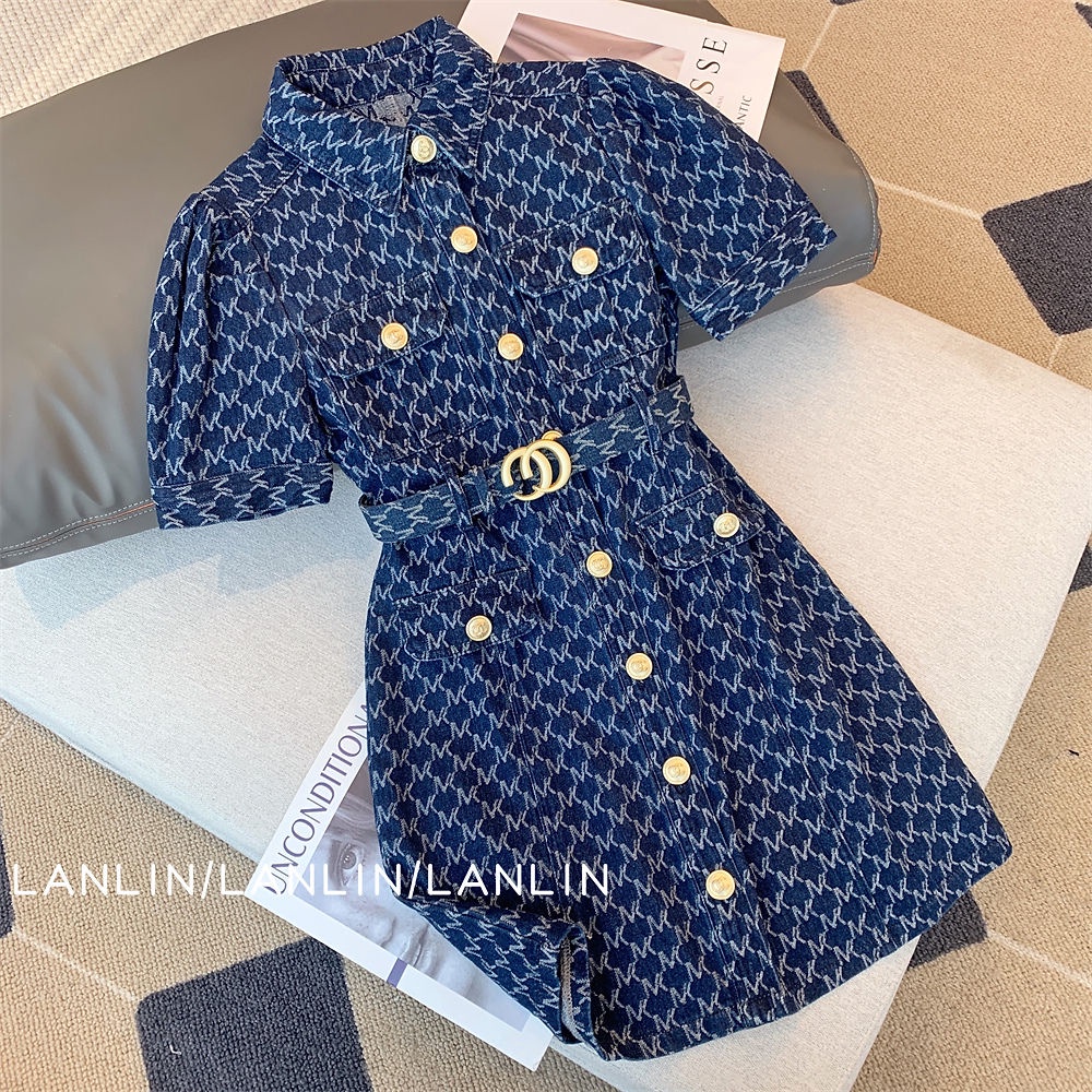 [✅BISA COD]  #Sisjuly# Gaun denim pinggang baru wanita dan nama tipis rok Polo gaya Xiaoxiang Ready Stock